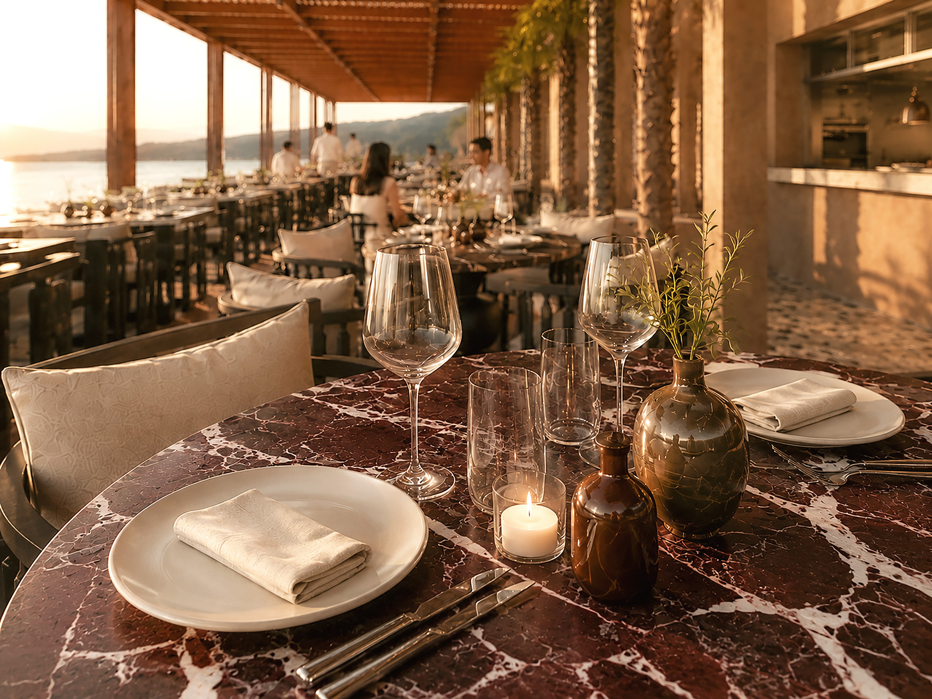 Fringed parasols and daybeds